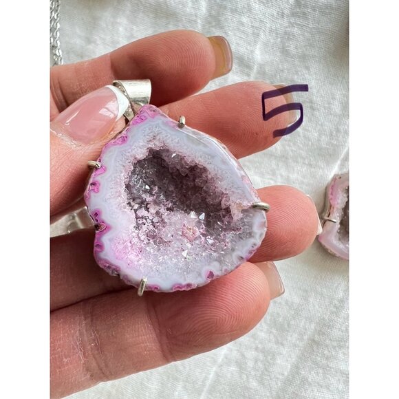 925 You Choose! Micro Quartz Crystal Pink Geode Necklace Pendant - Picture 4 of 8
